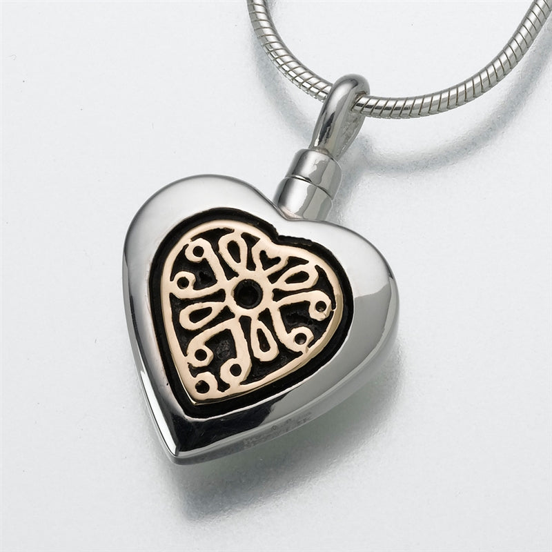 Silver & Gold Filigree Heart Cremation Pendant