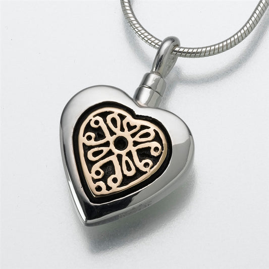 Silver & Gold Filigree Heart Cremation Pendant